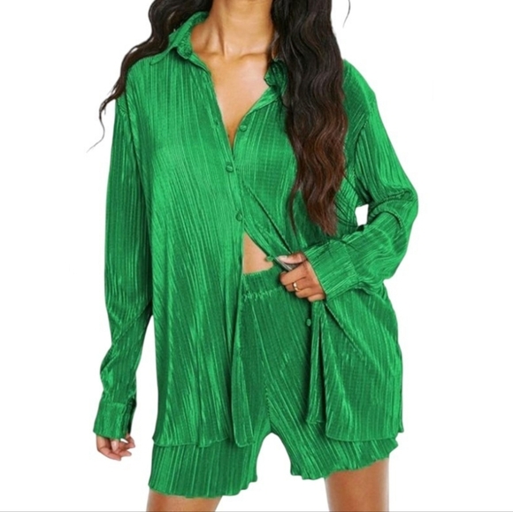 Oversized 2piece Pleated Long Sleeve Button Blouse Top Wide Leg Short Set Size S - Picture 16 of 16